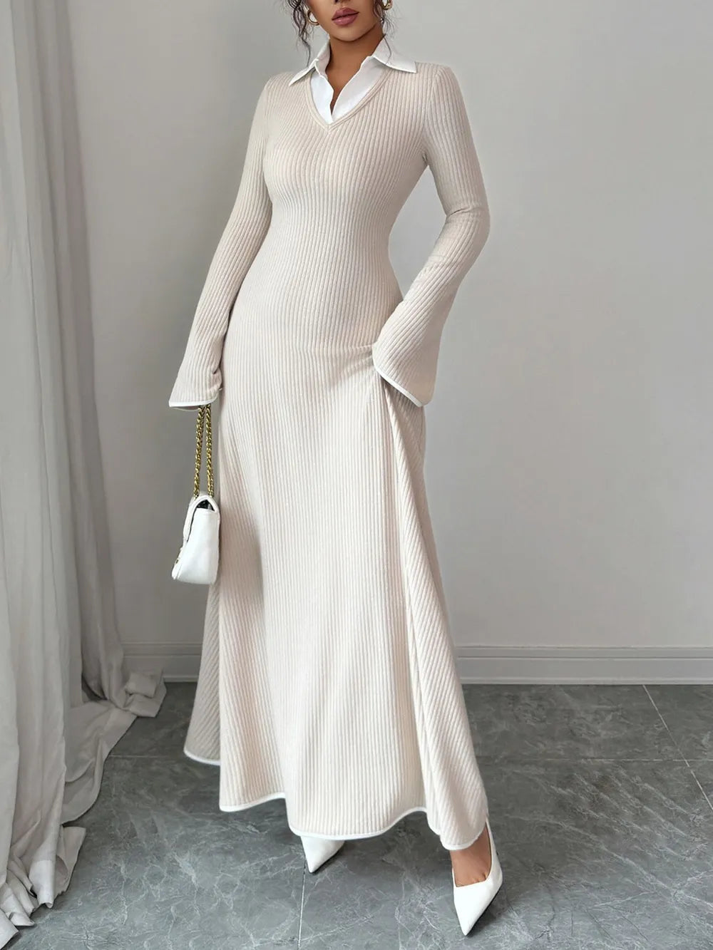 Gabriela | Lorenza Vestido Maxi De Punto Con Cuello – Ecru Elegancia Karol Firenze