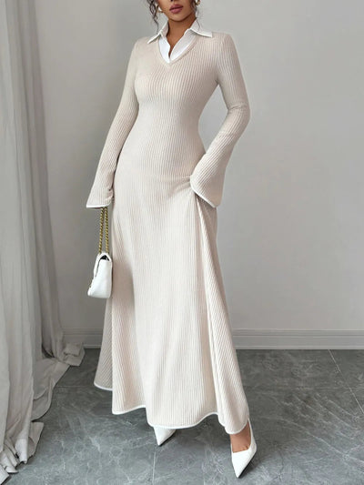 Gabriela | Lorenza Vestido Maxi De Punto Con Cuello – Ecru Elegancia Karol Firenze