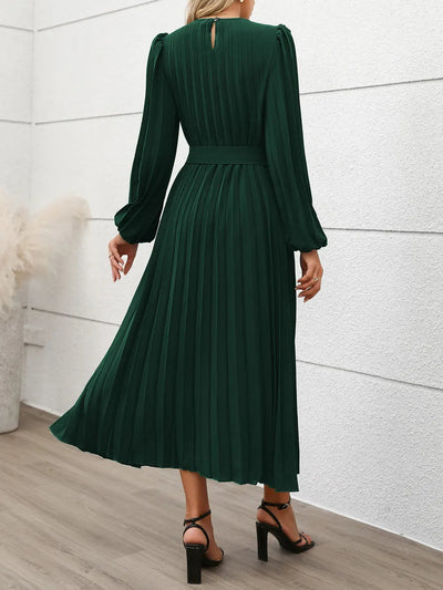 Clara | Jowita Vestido Midi Plisado Verde Con Cinturón Karol Firenze