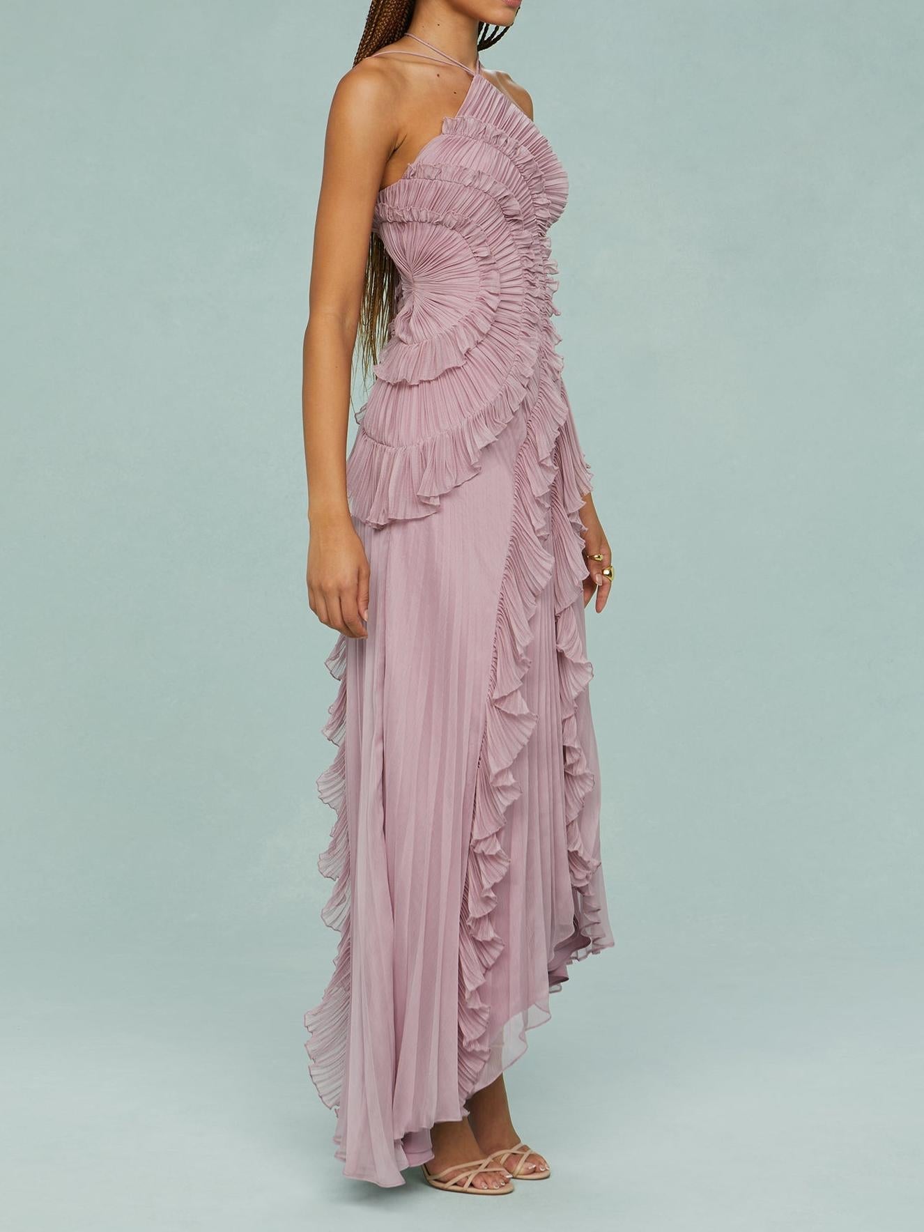 Irene | Mireli Vestido Maxi Kalina Con Halter Y Volantes Karol Firenze