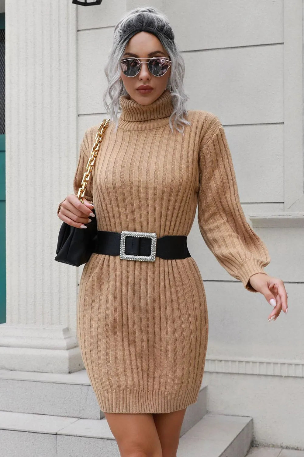 Ivana | Ivy Vestido De Punto Con Cuello Alto Y Cinturón – Karol Firenze