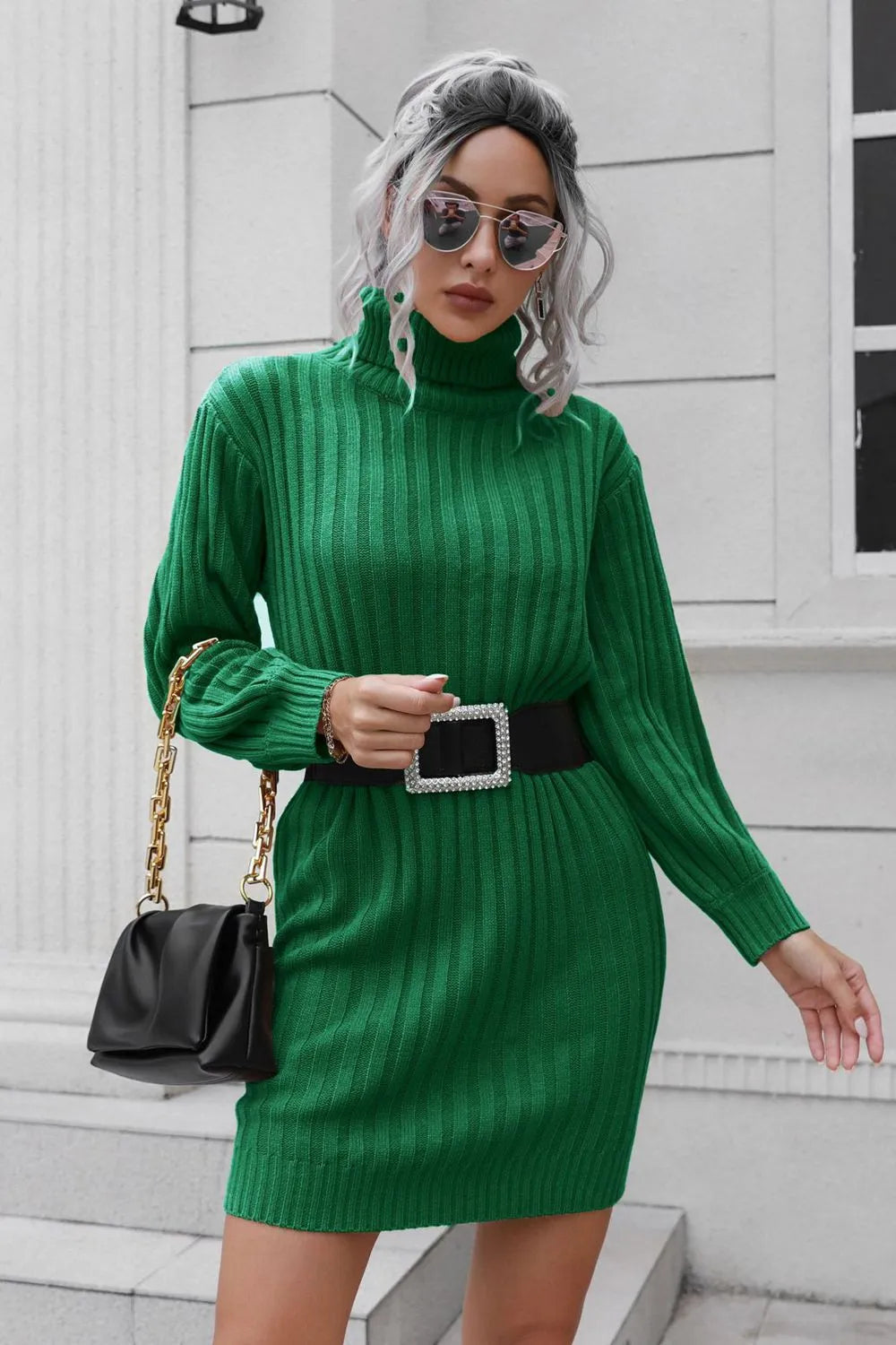 Ivana | Ivy Vestido De Punto Con Cuello Alto Y Cinturón – Karol Firenze
