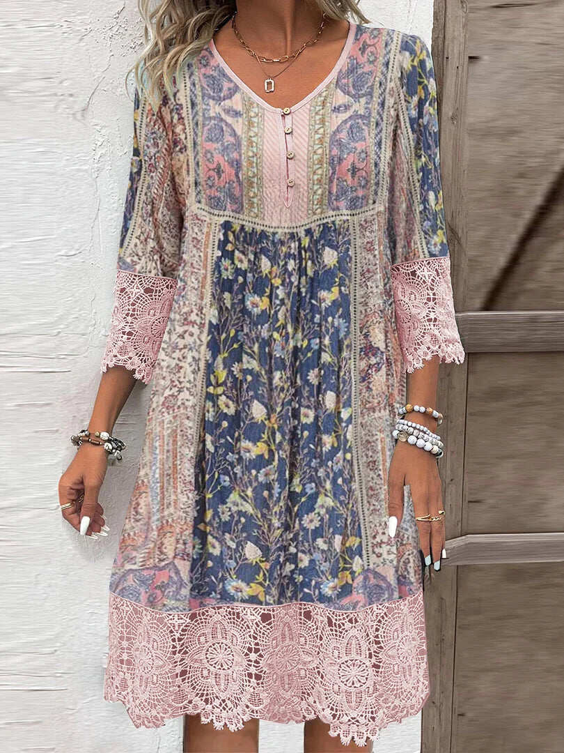 Mirabel| Vestido boho floral con encaje y manga tres cuartos Mijn winkel
