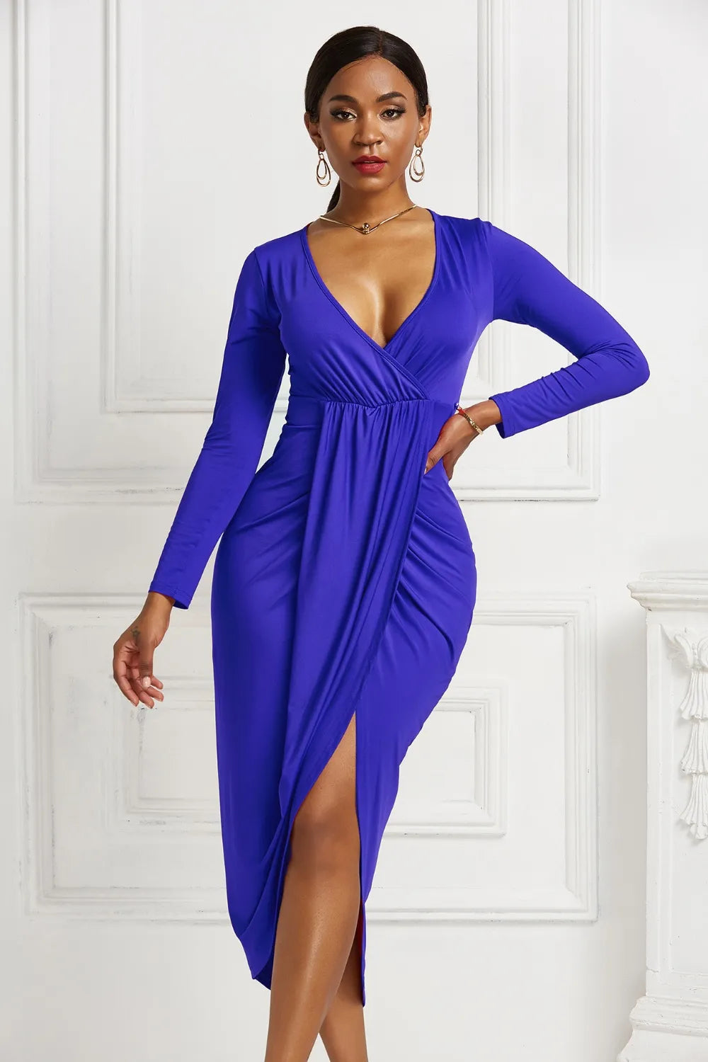 Blanca | Odetta Vestido Midi Cruzado Con Escote Profundo Y Fruncidos Karol Firenze