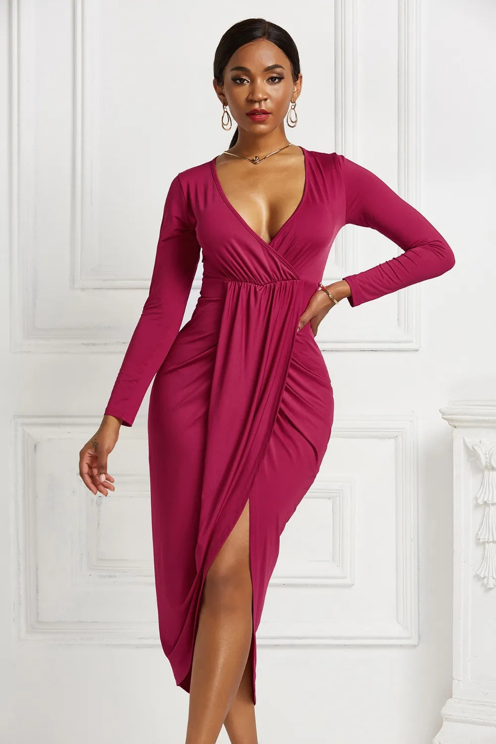 Blanca | Odetta Vestido Midi Cruzado Con Escote Profundo Y Fruncidos Karol Firenze