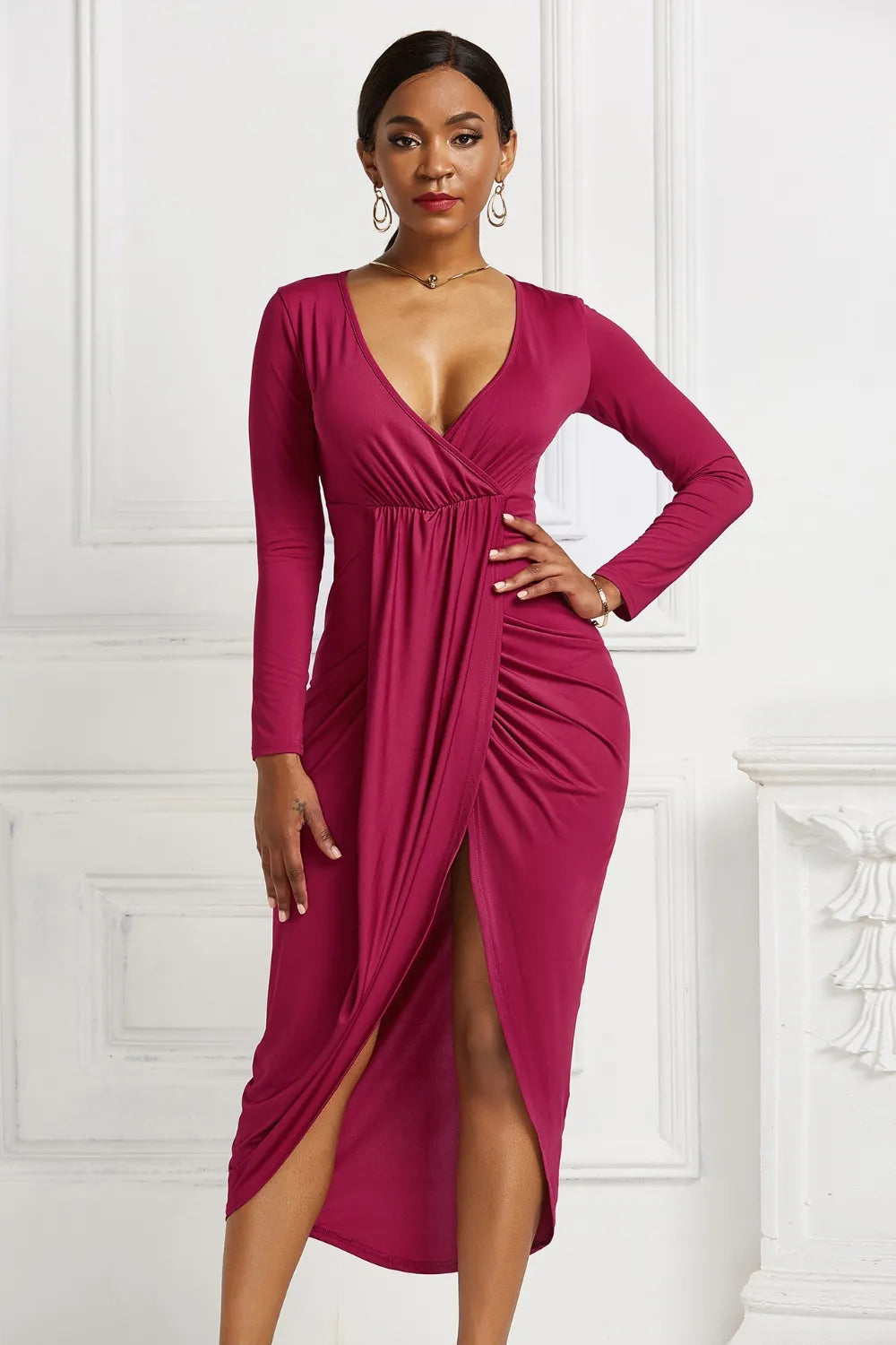 Blanca | Odetta Vestido Midi Cruzado Con Escote Profundo Y Fruncidos Karol Firenze