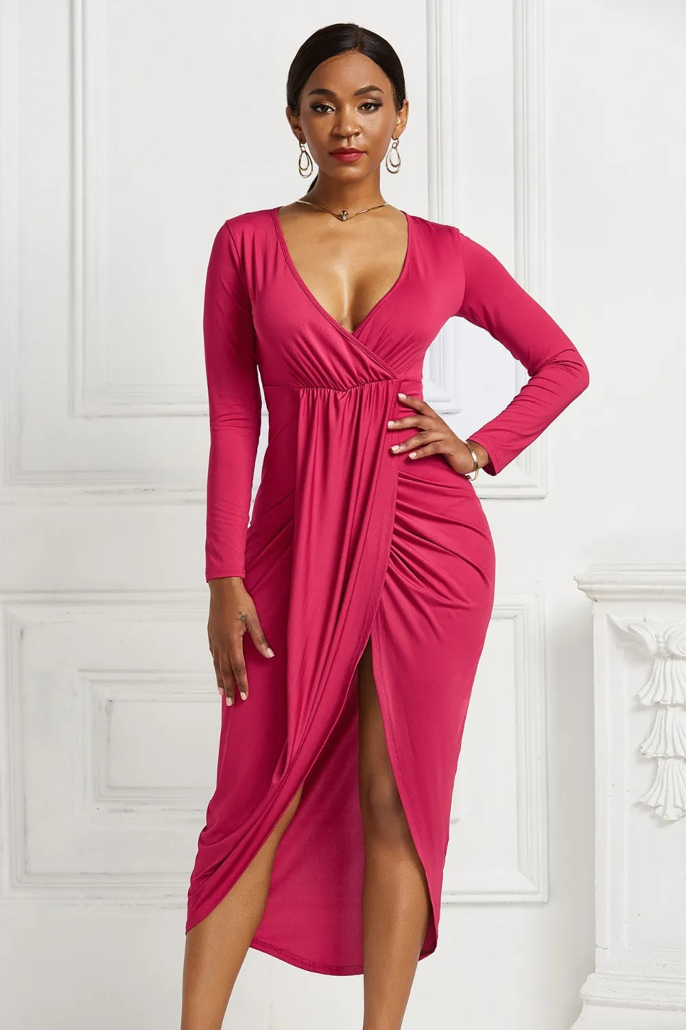Blanca | Odetta Vestido Midi Cruzado Con Escote Profundo Y Fruncidos Karol Firenze