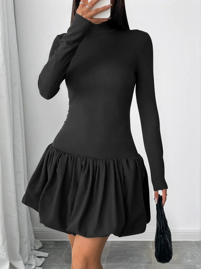 Luciana | Selina Vestido Mini Negro Con Cuello Alto Y Falda Acampanada Karol Firenze