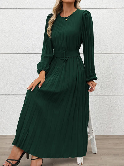 Clara | Jowita Vestido Midi Plisado Verde Con Cinturón Karol Firenze