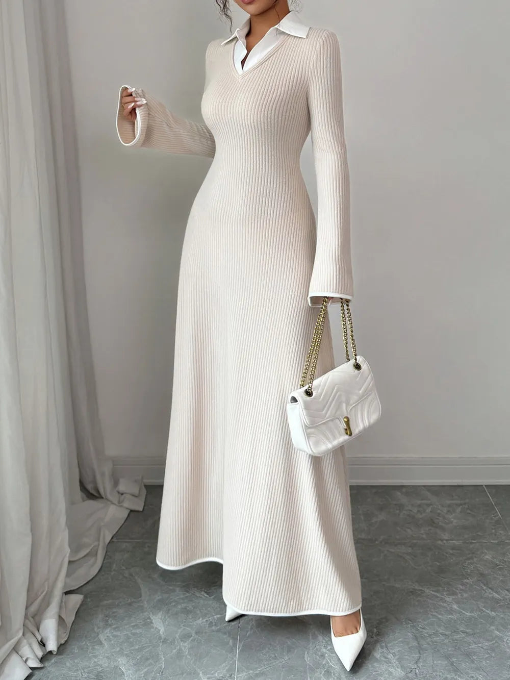 Gabriela | Lorenza Vestido Maxi De Punto Con Cuello – Ecru Elegancia Karol Firenze