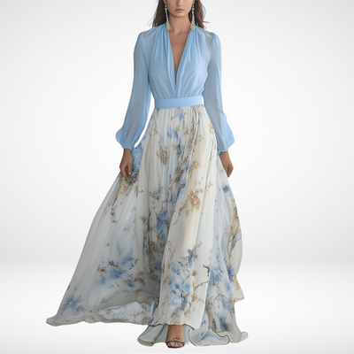Julia | Vestido Largo Azul Con Estampado Floral Elegante Mijn winkel