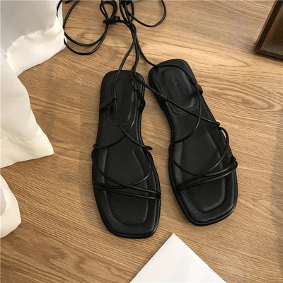 Irene | Sandalias Planas De Punta Cuadrada Con Cordones