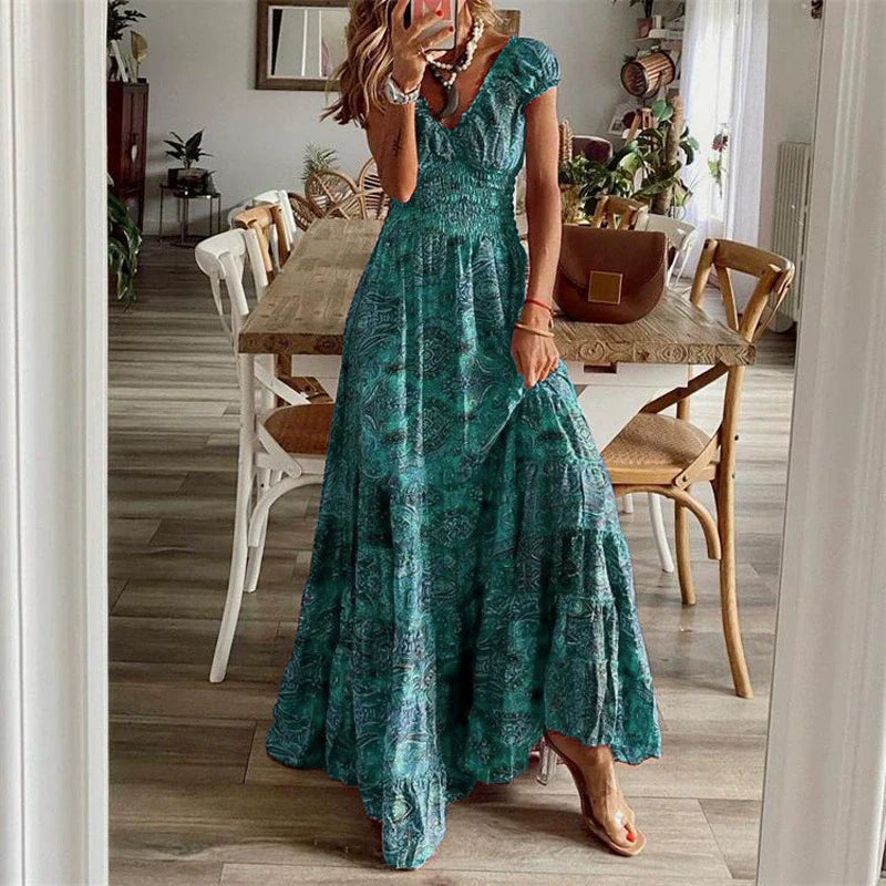 Boho Chic-klänning | Vintage maxiklänning med V-ringning och böljande utsvängning