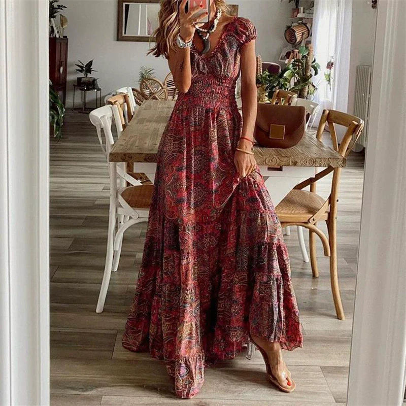 Boho Chic-klänning | Vintage maxiklänning med V-ringning och böljande utsvängning
