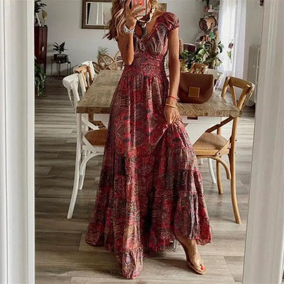 Vestido Boho Chic  | Maxi vestido vintage con escote en V y vuelo fluido Mijn winkel