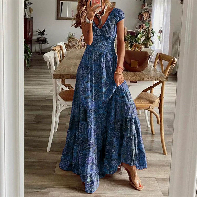 Boho Chic-klänning | Vintage maxiklänning med V-ringning och böljande utsvängning