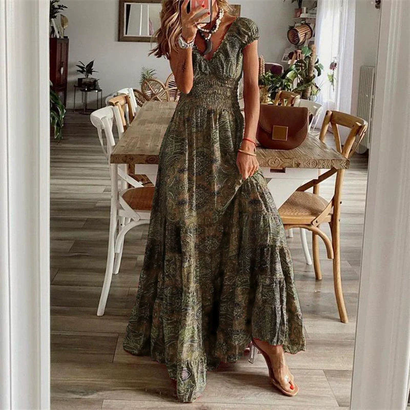 Boho Chic-klänning | Vintage maxiklänning med V-ringning och böljande utsvängning