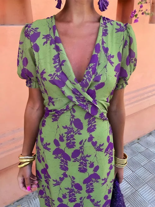 Vestido Estival  | Elegancia Verde con Estampado Floral Violeta Mijn winkel