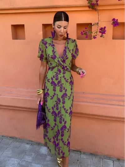 Vestido Estival  | Elegancia Verde con Estampado Floral Violeta Mijn winkel