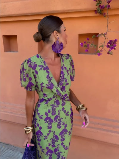 Vestido Estival  | Elegancia Verde con Estampado Floral Violeta Mijn winkel