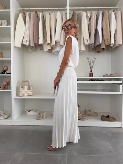 Natalia | Conjunto De Pierna Ancha Plisada Con Top De Hombreras
