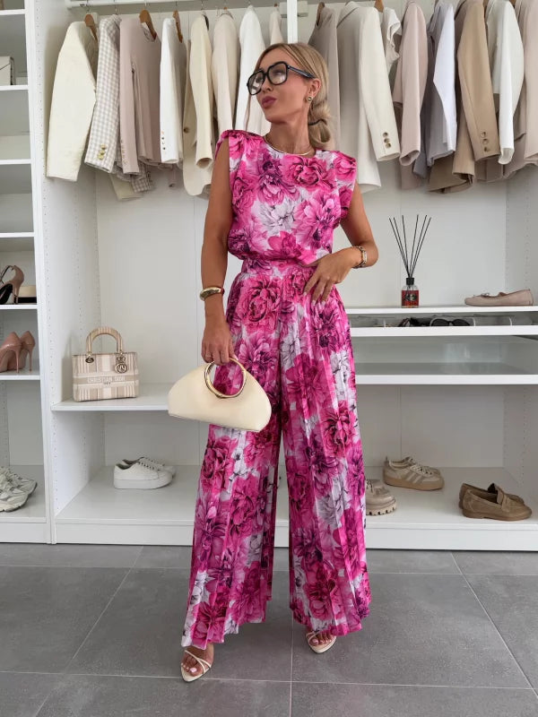 Natalia | Conjunto De Pierna Ancha Plisada Con Top De Hombreras