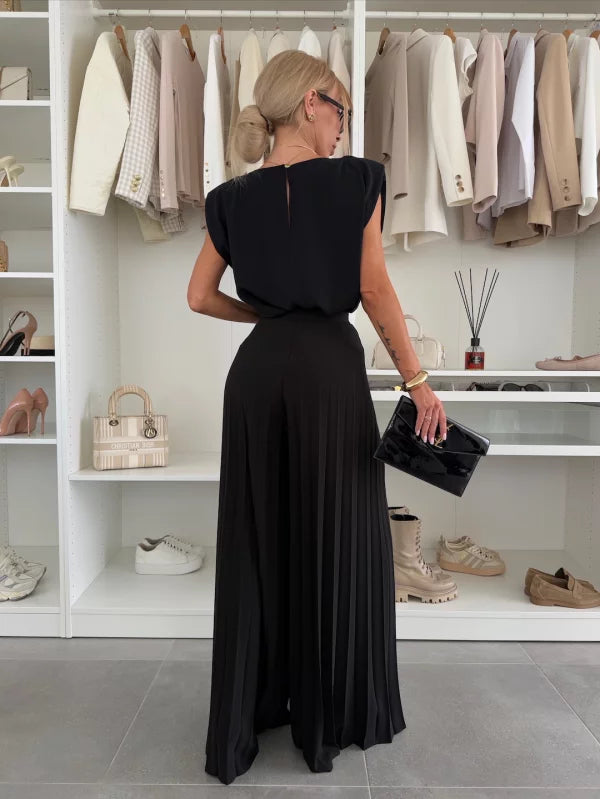 Natalia | Conjunto De Pierna Ancha Plisada Con Top De Hombreras