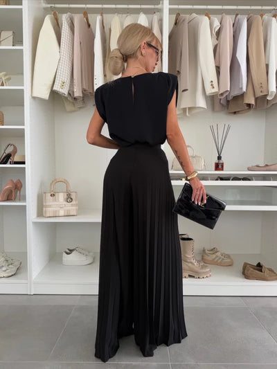 Natalia | Conjunto De Pierna Ancha Plisada Con Top De Hombreras