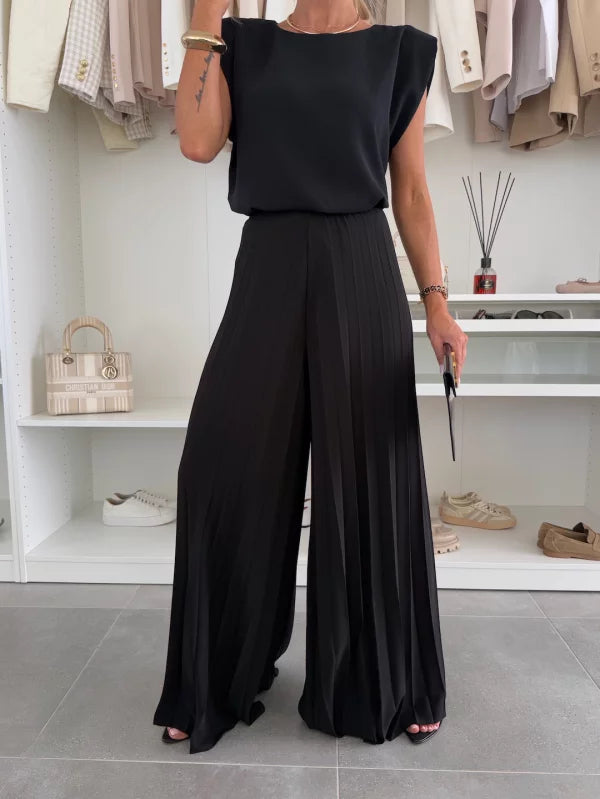 Natalia | Conjunto De Pierna Ancha Plisada Con Top De Hombreras