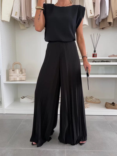 Natalia | Conjunto De Pierna Ancha Plisada Con Top De Hombreras