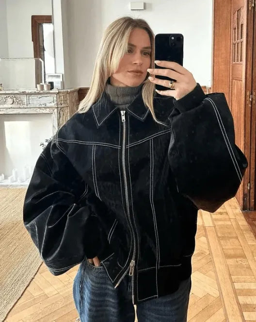 Bianca | Chaqueta De Cuero Espaciosa - Estilosa Y Casual - Negra