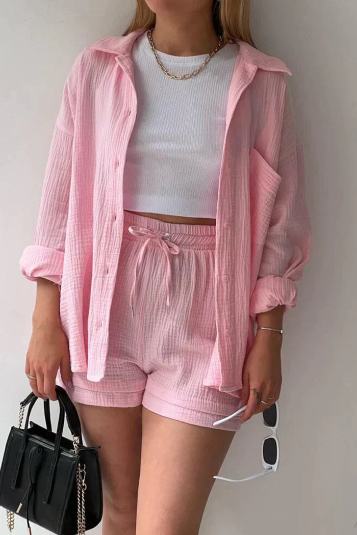 Aitana | Conjunto Texturizado Con Camisa Oversized Y Pantalones Cortos De Cintura