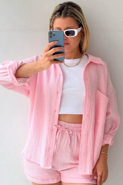 Aitana | Conjunto Texturizado Con Camisa Oversized Y Pantalones Cortos De Cintura