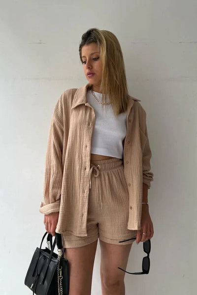 Aitana | Conjunto Texturizado Con Camisa Oversized Y Pantalones Cortos De Cintura