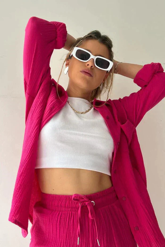 Aitana | Conjunto Texturizado Con Camisa Oversized Y Pantalones Cortos De Cintura