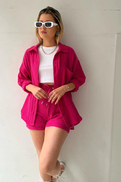 Aitana | Conjunto Texturizado Con Camisa Oversized Y Pantalones Cortos De Cintura