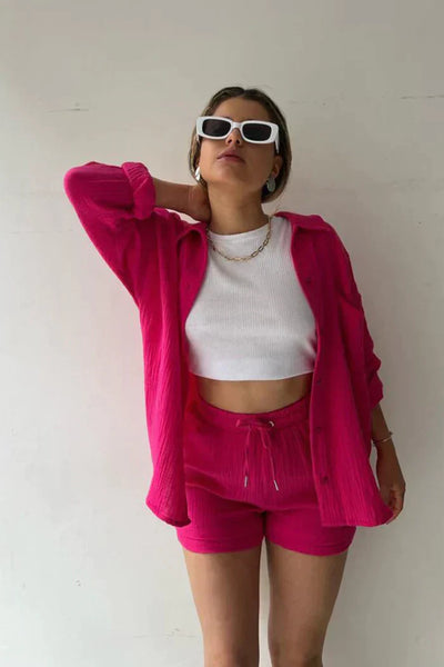 Aitana | Conjunto Texturizado Con Camisa Oversized Y Pantalones Cortos De Cintura