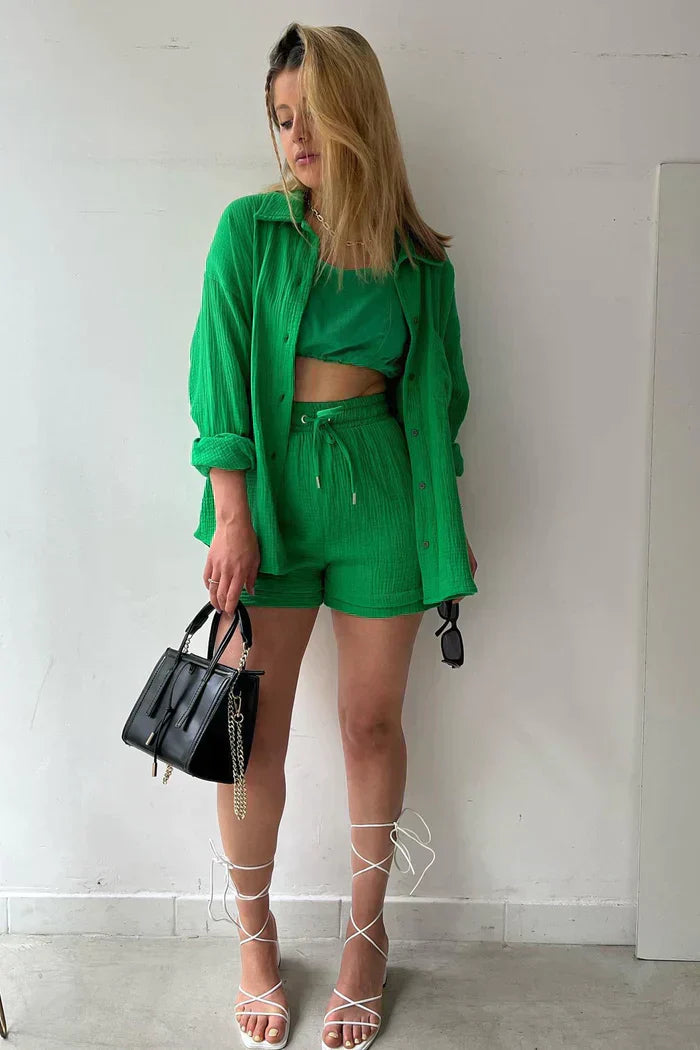 Aitana | Conjunto Texturizado Con Camisa Oversized Y Pantalones Cortos De Cintura