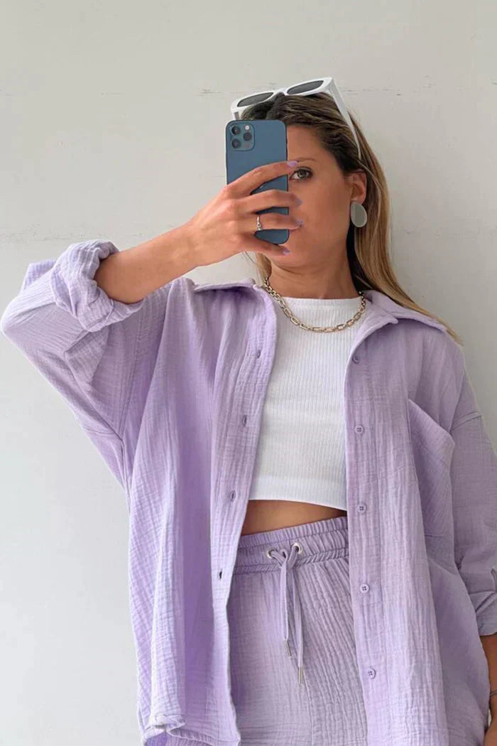 Aitana | Conjunto Texturizado Con Camisa Oversized Y Pantalones Cortos De Cintura