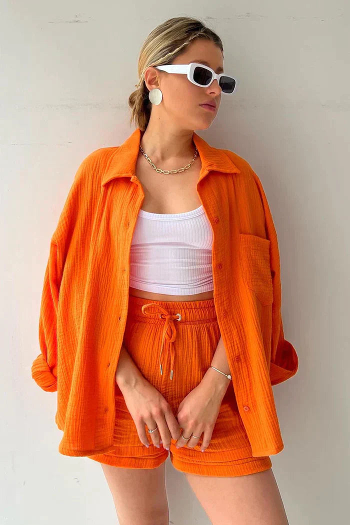 Aitana | Conjunto Texturizado Con Camisa Oversized Y Pantalones Cortos De Cintura
