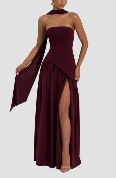 Samira | Vestido Maxi Burdeos Sin Tirantes Con Abertura Karol Firenze