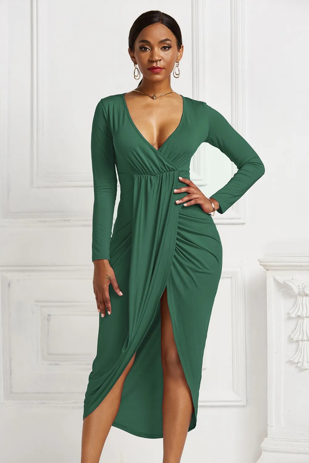 Blanca | Odetta Vestido Midi Cruzado Con Escote Profundo Y Fruncidos Karol Firenze