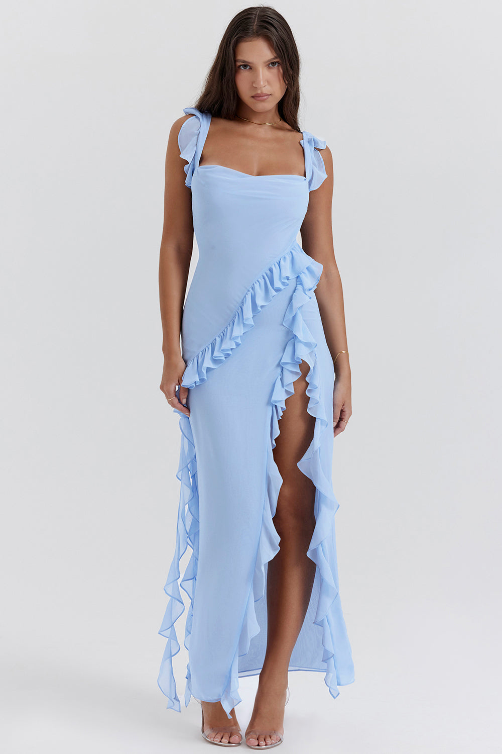 Laia | Riana Vestido Vaporoso Con Volantes Y Escote En Agua Karol Firenze