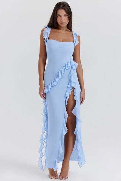 Laia | Riana Vestido Vaporoso Con Volantes Y Escote En Agua Karol Firenze