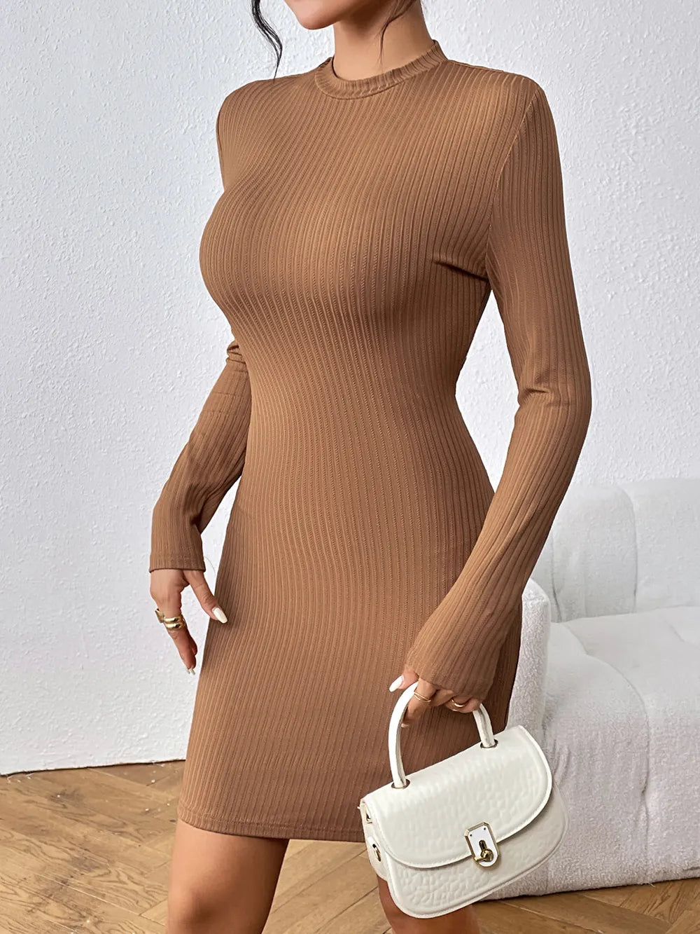 Maya | Mila Vestido Mini De Punto Con Manga Larga – Marrón Karol Firenze