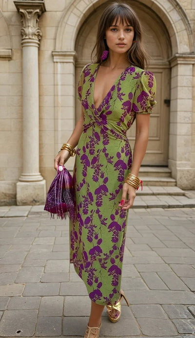 Vestido Estival  | Elegancia Verde con Estampado Floral Violeta Mijn winkel