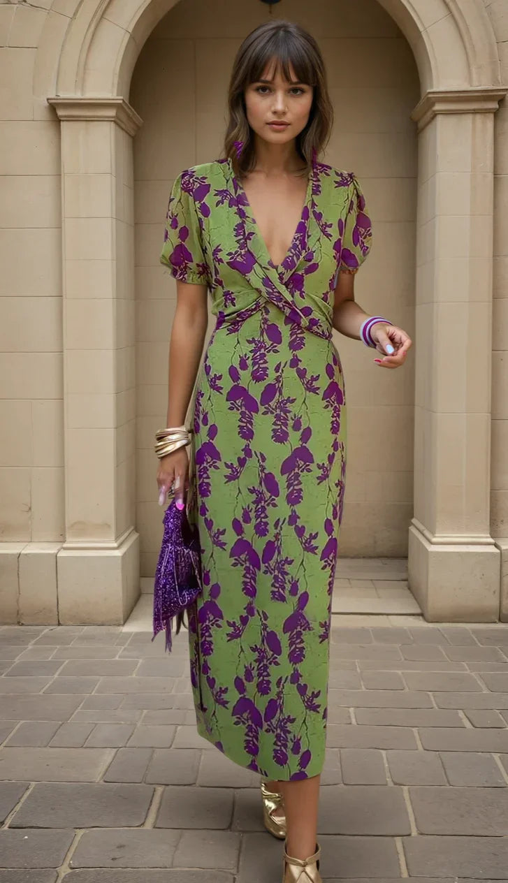 Vestido Estival  | Elegancia Verde con Estampado Floral Violeta Mijn winkel