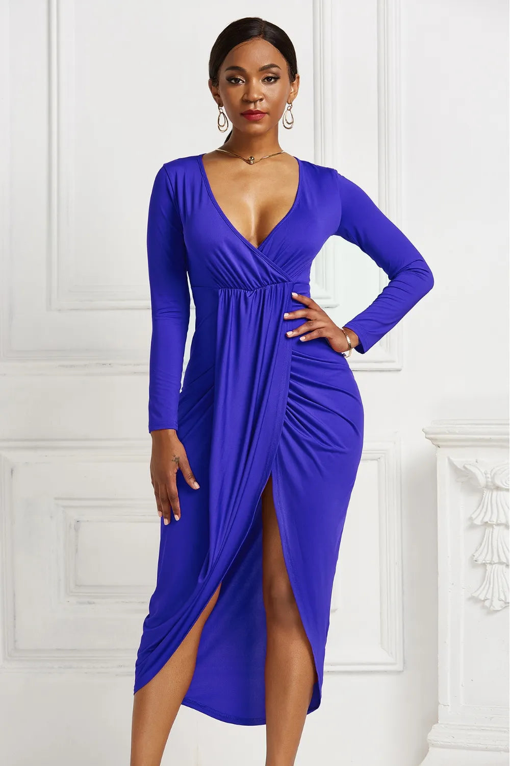 Blanca | Odetta Vestido Midi Cruzado Con Escote Profundo Y Fruncidos Karol Firenze