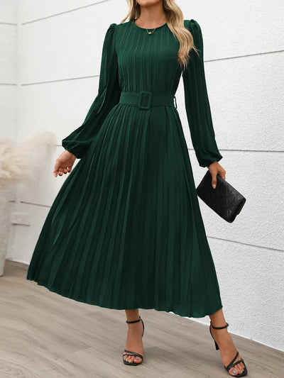 Clara | Jowita Vestido Midi Plisado Verde Con Cinturón Karol Firenze