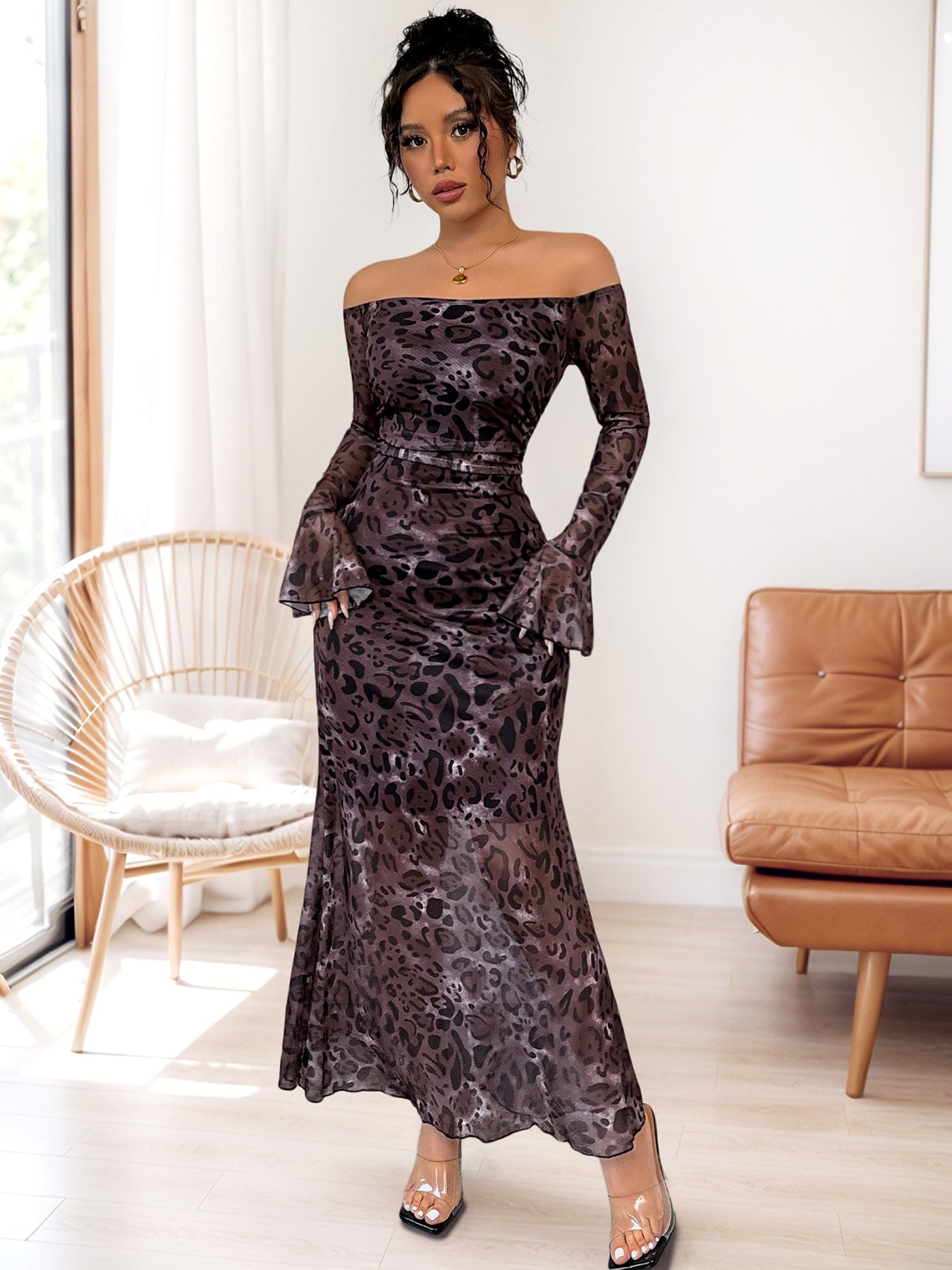 Eva | Olga Vestido Maxi Off-Shoulder Con Patrón De Pantera Karol Firenze